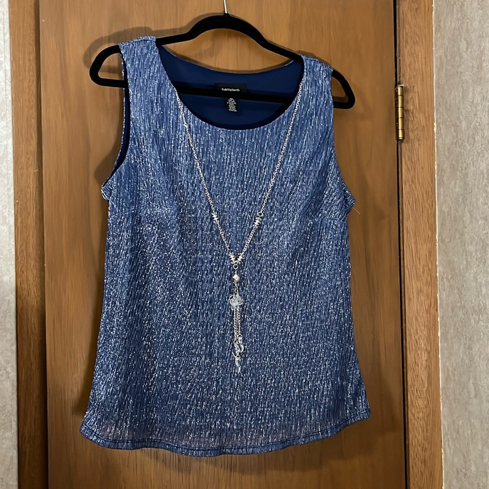 R&M Richards sz 14 Blue and Silver Dressy Tank Top w/ Built-in Necklace